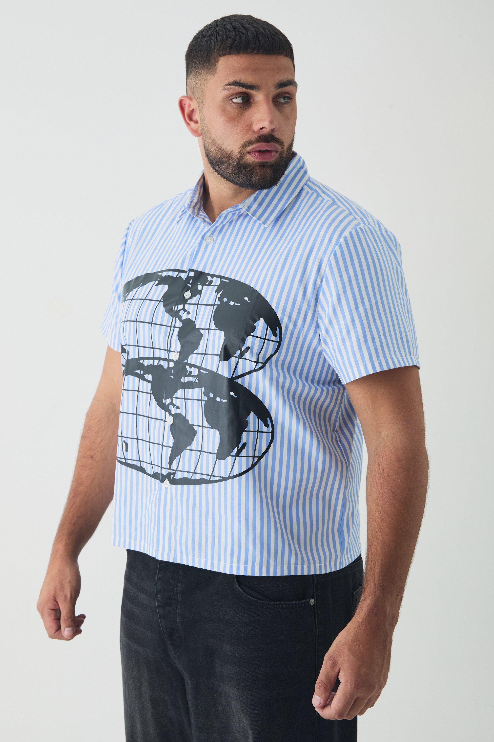 Mens Blue Plus Boxy World Graphic Striped Shirt, Blue